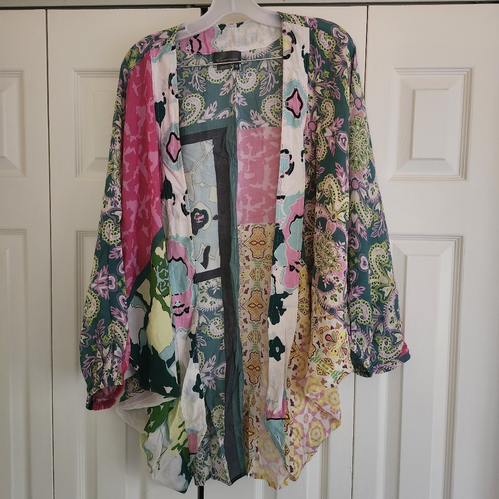 anthropologie all things mixed patterned printed cocoon kimono cardigan one size